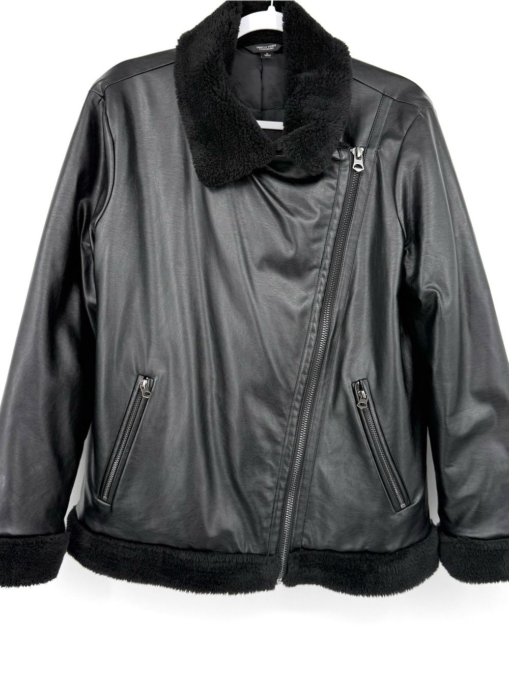 Simply Vera Vera Wang Black Faux Leather Faux Fur Moto Jacket L - Picture 2 of 14